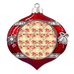 Retro 1880s Flowers Pattern 18 Metal Snowflake And Bell Red Ornament by violetheavensky