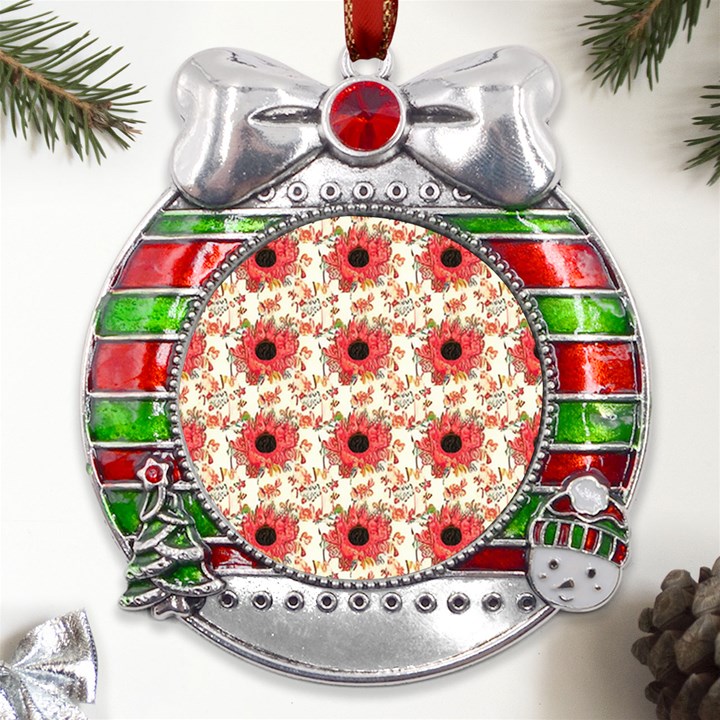 Retro 1880s Flowers Pattern 23 Metal X Mas Ribbon With Red Crystal Round Ornament