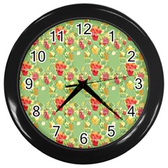 Retro 1880s Flowers Pattern 17 Wall Clock (black) by violetheavensky