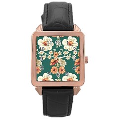 Retro 1880s Flowers Pattern 20 Rose Gold Leather Watch 