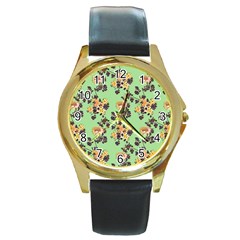 Retro 1880s Flowers Pattern 24 Round Gold Metal Watch