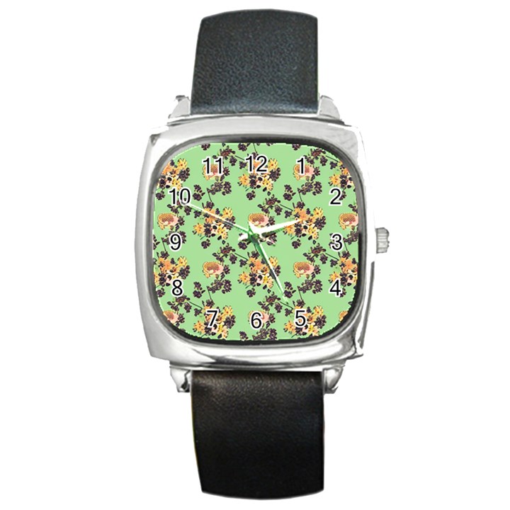 Retro 1880s Flowers Pattern 24 Square Metal Watch