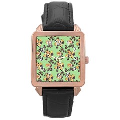 Retro 1880s Flowers Pattern 24 Rose Gold Leather Watch 