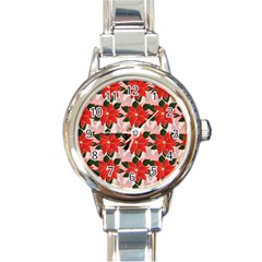 Poinsettia Pattern Seamless Pattern Christmas Xmas Round Italian Charm Watch