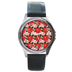 Poinsettia Pattern Seamless Pattern Christmas Xmas Round Metal Watch