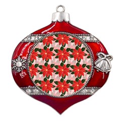 Poinsettia Pattern Seamless Pattern Christmas Xmas Metal Snowflake And Bell Red Ornament