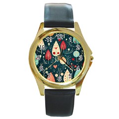 Christmas Tree Pattern Round Gold Metal Watch