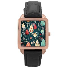 Christmas Tree Pattern Rose Gold Leather Watch 