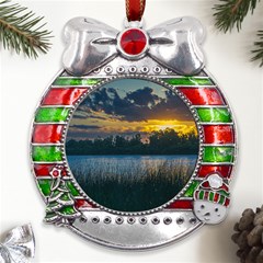 Peaceful Horizons Of Uruguay  Metal X mas Ribbon With Red Crystal Round Ornament