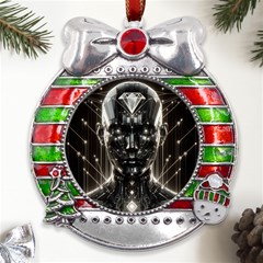 Robotics Robot Technology Future Metal X mas Ribbon With Red Crystal Round Ornament by Maspions