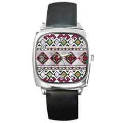 Ukrainian Folk Seamless Pattern Ethnic Ornament Border Element Traditional Square Metal Watch by Grandong