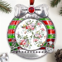 Floral Elements Peony Chinese Rose Metal X mas Ribbon With Red Crystal Round Ornament by Grandong