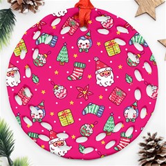 Cute Pink Christmas Pattern Ornament (round Filigree)