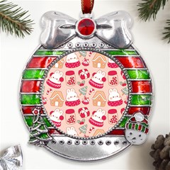 Cute Christmas Cartoon Metal X mas Ribbon With Red Crystal Round Ornament