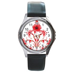 A Design Of A Red Flower On A White Background Round Metal Watch