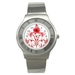 A Design Of A Red Flower On A White Background Stainless Steel Watch