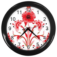 A Design Of A Red Flower On A White Background Wall Clock (black)