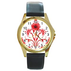 A Design Of A Red Flower On A White Background Round Gold Metal Watch