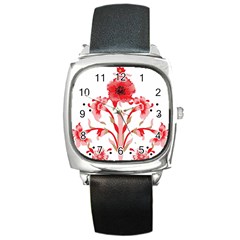 A Design Of A Red Flower On A White Background Square Metal Watch