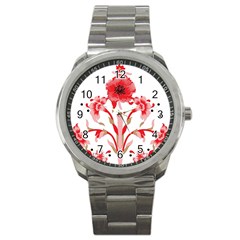 A Design Of A Red Flower On A White Background Sport Metal Watch