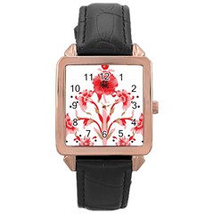 A Design Of A Red Flower On A White Background Rose Gold Leather Watch 