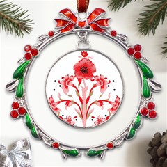 A Design Of A Red Flower On A White Background Metal X mas Wreath Ribbon Ornament