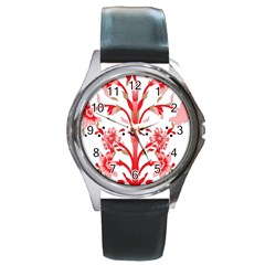 A Design Of A Red Flower On A White Background Round Metal Watch