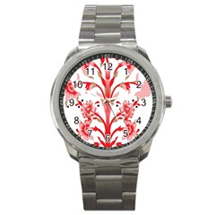 A Design Of A Red Flower On A White Background Sport Metal Watch