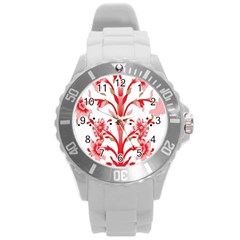 A Design Of A Red Flower On A White Background Round Plastic Sport Watch (l)