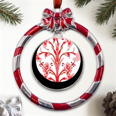 A Design Of A Red Flower On A White Background Metal Red Ribbon Round Ornament by catchydesignhill