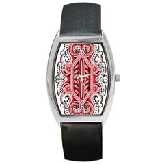 A Design Of A Red And White Pattern Barrel Style Metal Watch