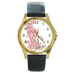 A Drawing Of A Bird With Flowers On It Round Gold Metal Watch