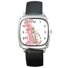 A Drawing Of A Bird With Flowers On It Square Metal Watch