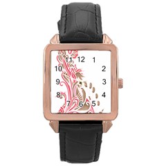 A Drawing Of A Bird With Flowers On It Rose Gold Leather Watch 