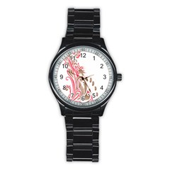 A Drawing Of A Bird With Flowers On It Stainless Steel Round Watch