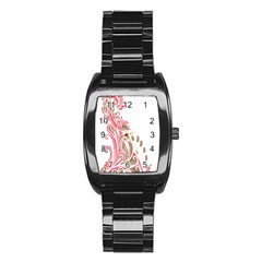 A Drawing Of A Bird With Flowers On It Stainless Steel Barrel Watch