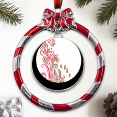 A Drawing Of A Bird With Flowers On It Metal Red Ribbon Round Ornament by catchydesignhill