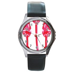 Three Pink Flowers With A Black Background Round Metal Watch