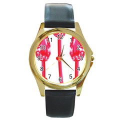 Three Pink Flowers With A Black Background Round Gold Metal Watch