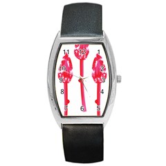 Three Pink Flowers With A Black Background Barrel Style Metal Watch