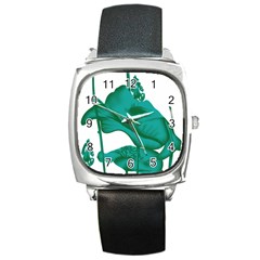 A Painting Of A Flower And A Fish On A Black Background Square Metal Watch