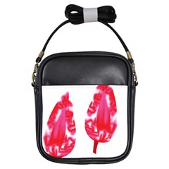 A Pair Of Red Leaves On A Black Background Girls Sling Bag