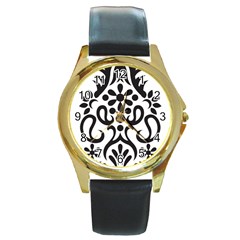 A Black And White Image Of An Ornate Design Round Gold Metal Watch