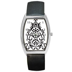 A Black And White Image Of An Ornate Design Barrel Style Metal Watch by catchydesignhill