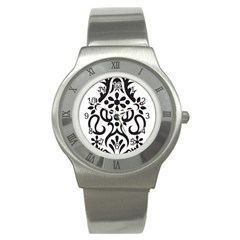 A Black And White Image Of An Ornate Design Stainless Steel Watch