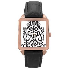 A Black And White Image Of An Ornate Design Rose Gold Leather Watch 