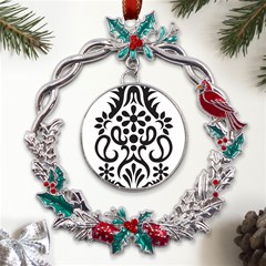 A Black And White Image Of An Ornate Design Metal X mas Wreath Holly Leaf Ornament