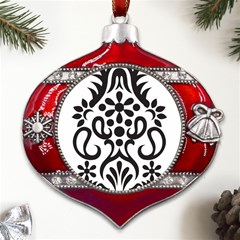 A Black And White Image Of An Ornate Design Metal Snowflake And Bell Red Ornament