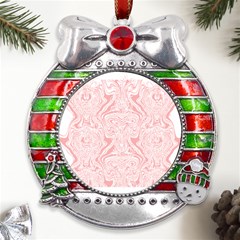 A Pink And White Abstract Design On A White Background Metal X mas Ribbon With Red Crystal Round Ornament