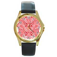 A Red And White Image Of A Pattern On A White Background Round Gold Metal Watch by catchydesignhill